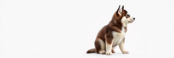Cute husky puppy sitting calmly on a white background during the afternoon photo