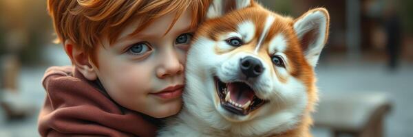 Boy happily hugs his furry friend, a smiling husky, during a playful afternoon in a park photo