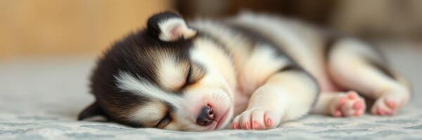 Sleeping husky puppy rests peacefully on a cozy surface in a warm home setting photo