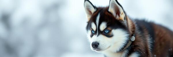 Husky puppy playing in snow during winter afternoon, showcasing its playful nature and beautiful fur patterns photo