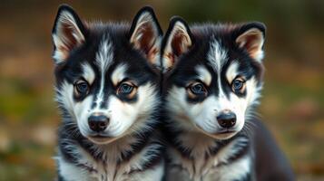 Two playful husky puppies enjoying a quiet afternoon in a sunny outdoor setting with greenery photo