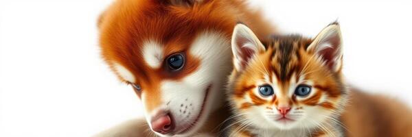 Cute puppy and kitten snuggling together, showcasing friendship and warmth in a cozy setting photo