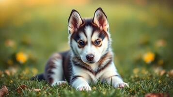 Cute husky puppy relaxing in a green meadow with flowers during golden hour sunshine photo