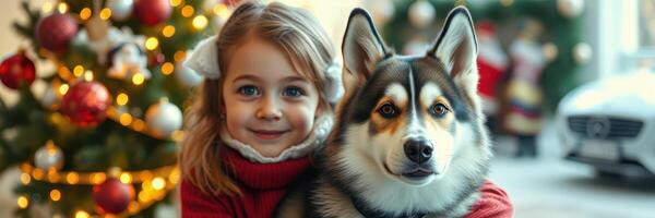 Child smiles while hugging a dog near a decorated Christmas tree during a festive winter season photo