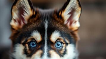 Beautiful husky puppy with striking blue eyes looking directly at the camera indoors photo