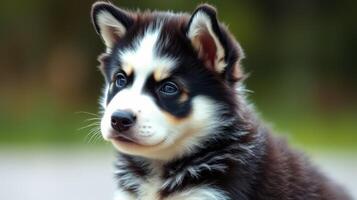 Cute fluffy puppy enjoys a sunny day in the park while looking curiously at its surroundings and people passing by photo