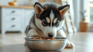 Puppy enjoys a meal in a cozy indoor setting with wooden decor and natural light photo