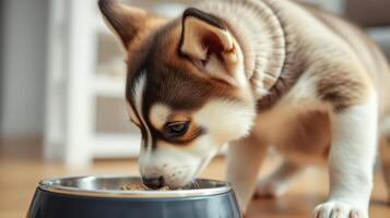 Cute puppy enjoying its meal in a cozy indoor setting during the afternoon photo