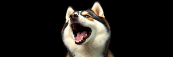 Happy husky with mouth open on black background expressing joy and energy in a playful moment photo