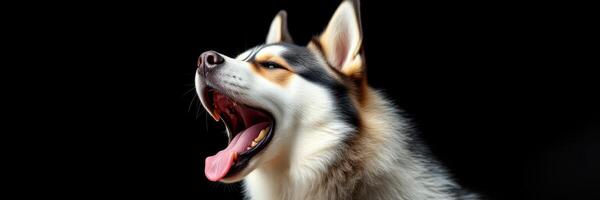 Majestic husky yawning against a dark background showcasing its beauty and personality photo