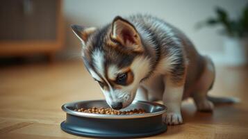 Cute puppy enjoys meal from bowl in cozy indoor environment during daylight hours photo