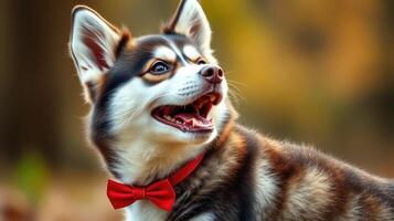 Dog with red bow tie enjoys a sunny day in a vibrant park setting during autumn photo