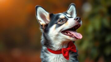 Adorable dog in a red bow tie posing outdoors during golden hour with warm bokeh background photo