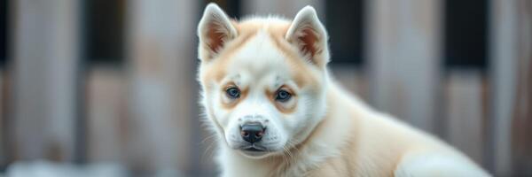Cute puppy looking curiously towards the camera in a backyard setting during a cloudy day photo