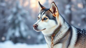Siberian husky standing in snow-covered forest during winter, showcasing striking blue eyes and thick fur coat photo