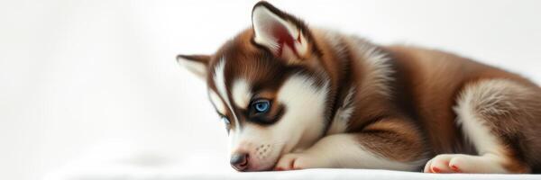 Adorable husky puppy lying on a soft surface, gazing thoughtfully, capturing hearts with its big blue eyes photo