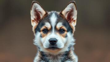 Cute husky puppy with striking fur pattern sitting calmly against a blurred background photo