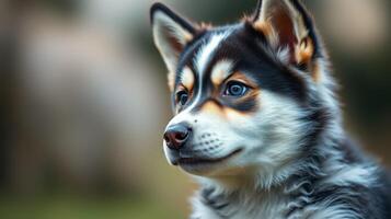 Playful young dog explores a sunny park in springtime, showcasing its fluffy coat and curious expression photo