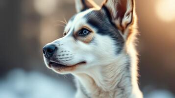Beautiful husky dog standing in a snowy landscape during golden hour with a serene expression and captivating blue eyes photo