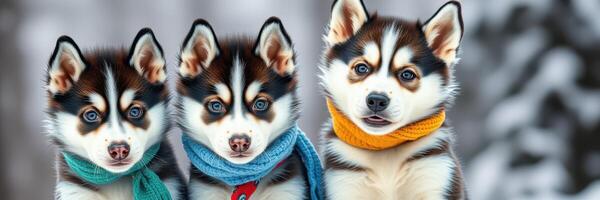 Three adorable husky puppies with colorful scarves in a snowy landscape during winter photo