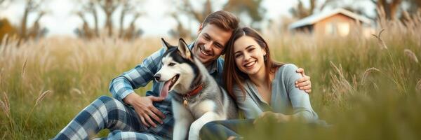 Couple enjoys sunny day outdoors with their playful husky in a grassy field near a cozy cabin photo