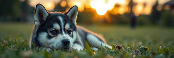 Cute puppy relaxing on the grass during sunset in a park setting, capturing a peaceful moment in nature photo
