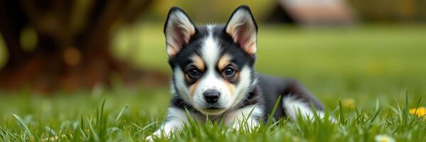 Adorable corgi puppy resting on green grass under bright sunlight in a peaceful yard photo