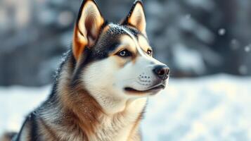 Majestic husky dog gazing into the snowy landscape under soft winter light in a serene forest setting photo