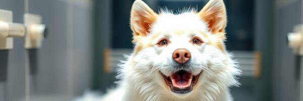 Happy white dog with orange spots enjoying a moment indoors at a pet-friendly location photo