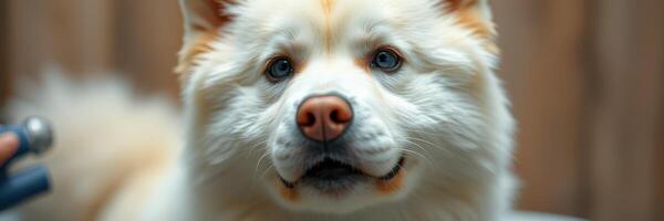 Beautiful white dog with blue eyes sitting calmly, showcasing its fluffy fur and friendly expression in a cozy indoor setting photo