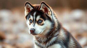 Stunning husky puppy exhibits striking blue eyes while sitting among soft, blurred rocks during golden hour photo