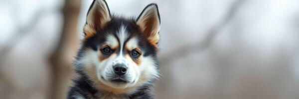Puppy with striking fur pattern sitting outdoors in a soft, blurred woodland background during a tranquil afternoon photo