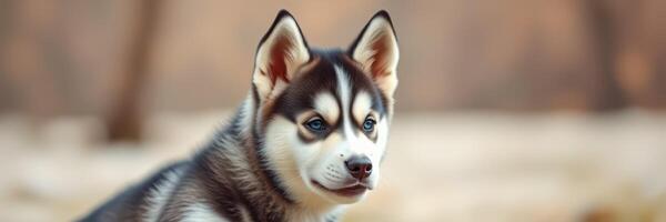 Siberian husky puppy sitting outdoors enjoying nature during early morning light in a tranquil forest setting photo