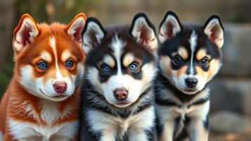 Cute puppies sit together in a cozy outdoor setting, showcasing their playful personalities and unique fur patterns photo