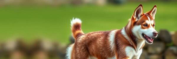 Husky dog playfully exploring a lush green field on a sunny day in the countryside photo