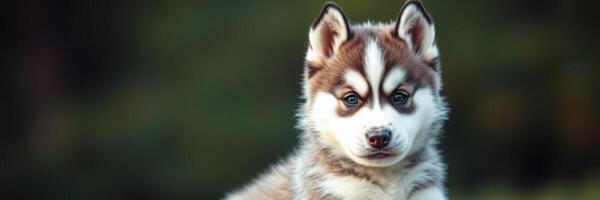Cute husky puppy sitting on green grass in the afternoon sun, looking curiously at the camera photo