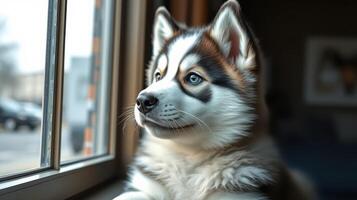 Cute husky puppy gazing out the window on a chilly day in a cozy indoor setting photo