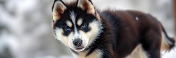 Husky puppy playing in the snow during winter in a tranquil outdoor setting photo