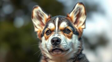 Portrait of a dog with striking features looking attentively outdoors in a natural setting photo