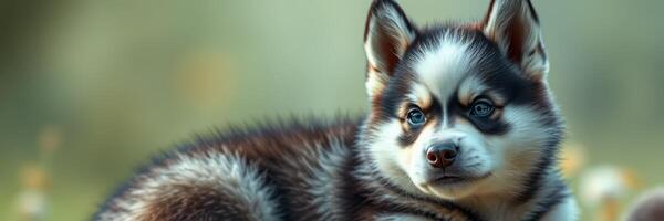 Cute puppy with striking fur resting in a field during golden hour light photo
