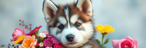 Cute puppy surrounded by colorful flowers in a charming garden setting during daylight hours photo