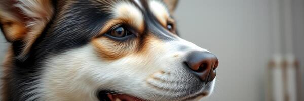 Close-up view of a cheerful dog looking away in a cozy indoor setting during the afternoon photo