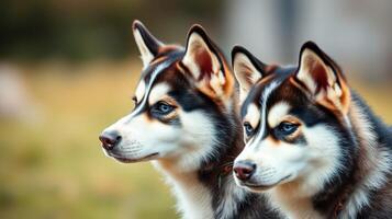 Two husky puppies sitting side by side in a sunny outdoor setting enjoying the warm afternoon light photo