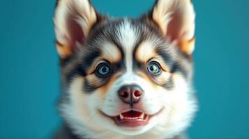 Cute puppy with bright blue eyes and fluffy fur poses against a solid turquoise background photo