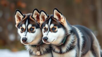 Two huskies standing side by side in a snowy landscape during winter season photo