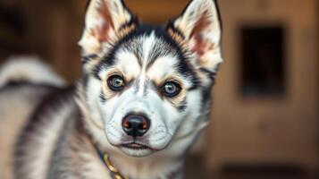 Dog with striking blue eyes and unique fur pattern poses for a close-up indoors in a cozy environment photo