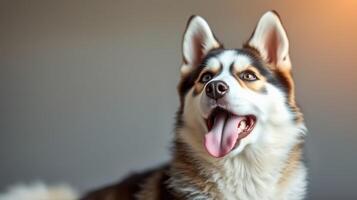 Happy dog with bright eyes and playful expression enjoying a warm sunset at a cozy home photo