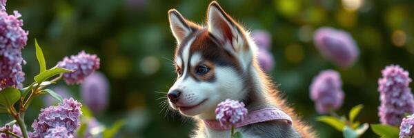 Cute husky puppy enjoying a warm day among blooming lilacs in a garden setting photo