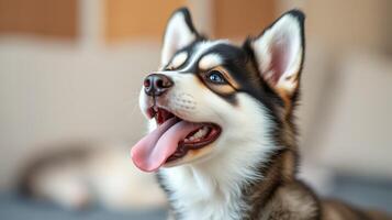 Happy husky puppy sitting indoors with a playful expression and a relaxed demeanor photo