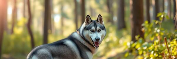Siberian husky enjoying a walk in a tranquil forest during golden hour lighting photo